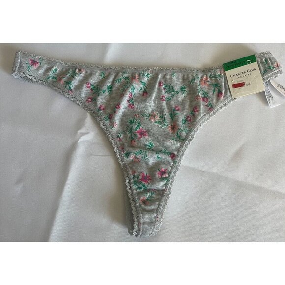 Charter Club Intimates Ladie's Gray Floral Cotton Lace Thong Underwear Large NEW - Picture 2 of 7